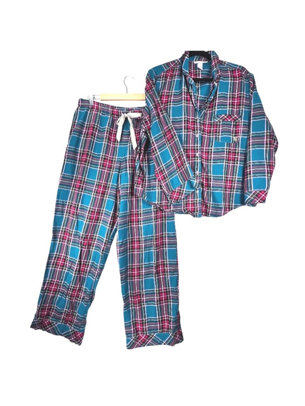Victorias Secret Plaid Pajama Set Lg Teal Green Red Metallic Gold Pocket Logo